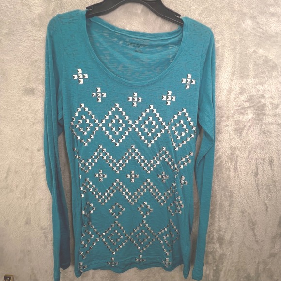 Roper Tops - Roper Teal Blue Studded Geometric Aztec M Cowgirl‎ Slub Knit Layering Bohemian